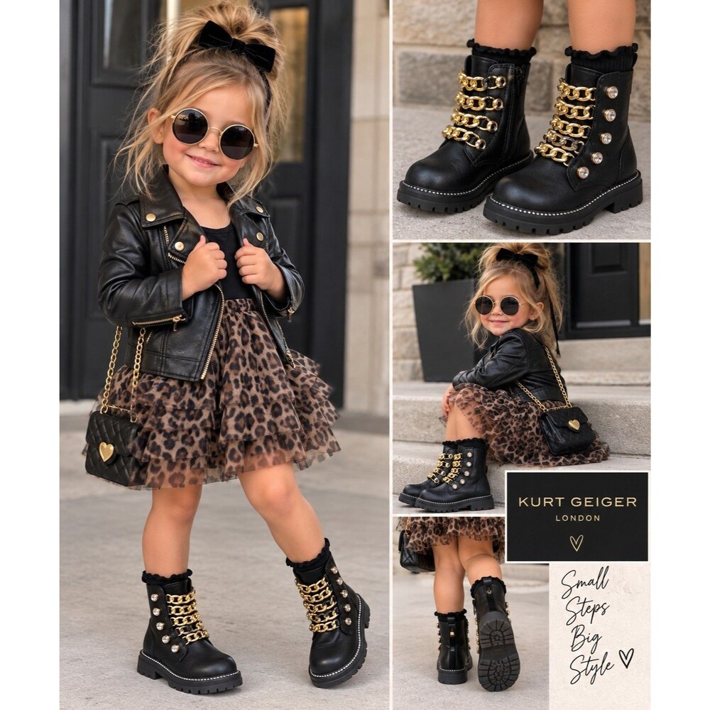 Kurt Geiger London Mini Bax Girls Black Leather Chain Combat Boots Size 7 NWT